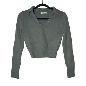 Happily Grey Cropped Collared Sweater Olive Green Ribbed Size XS NWT Buttons